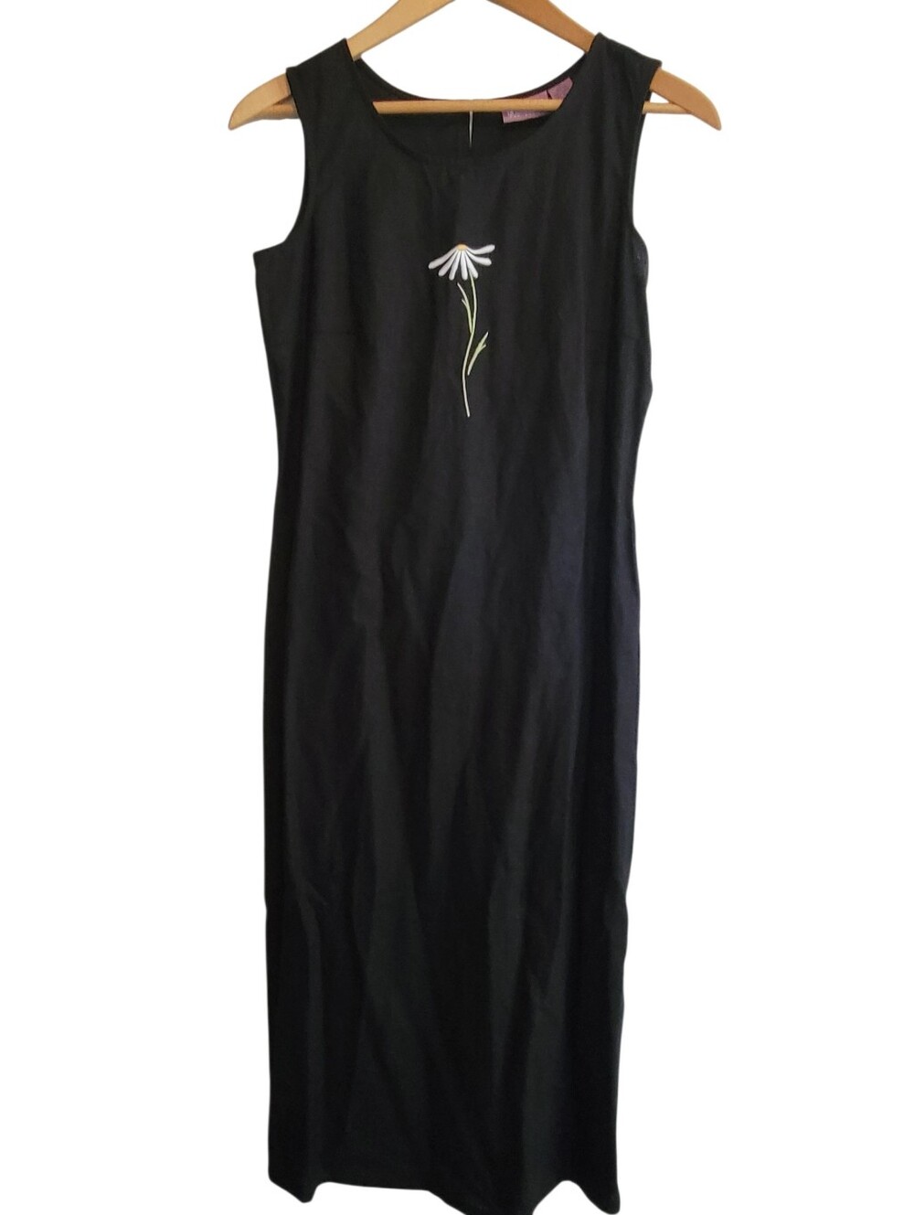 VINTAGE Black Linen midi Dress With daisy embroidery Size 10  grunge whimsigoth